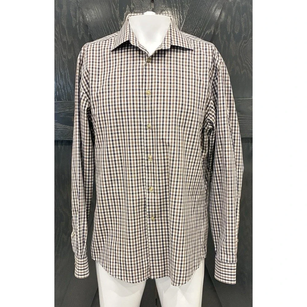 Jos A Bank Reserve No Wrinkles Button Up Shirt Mens L Brown Plaid Tailored Fit